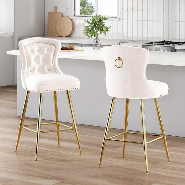 English Elm Bar Stools Set Of 2 In Beige Velvet With Gold Metal Legs, Wing-Back Design For Kitchen & Dining T3623P363044