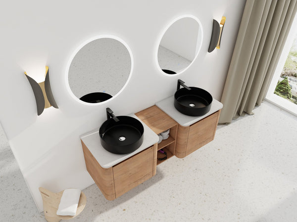 English Elm 60'' Wall-Mounted Bathroom Vanity With Elegant Ceramic Art Sink & Soft-Close Door For Modern Spaces W999S00411
