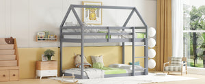 English Elm Twin Rubber Wood Floor Bunk Bed House-Shaped Design with Ladder Guardrails Sturdy Low-Profile Retreat Grey W504P206863