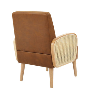 English Elm Faux Leather Accent Chair with Woven Rattan Arms and Tall Wooden Legs for Living Room B2748P493704
