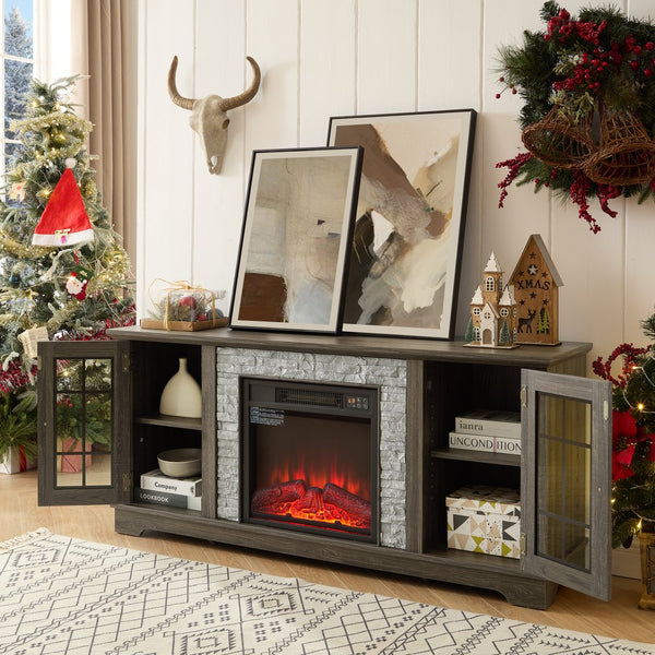 English Elm 58" Modern TV Stand with 18" Electric Fireplace, Faux Stone Mantel, Ample Storage & Cable Management for Living Room Comfort and Style Grey W2275S00027