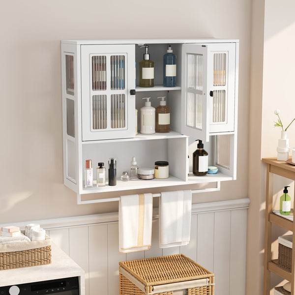 English Elm Bathroom Wall Cabinet with 3 Doors and Glass Panel, MDF Storage Cabinet with Towel Bar, Modern 35.6"L x 10.2"W x 32.5"H White W757P329727