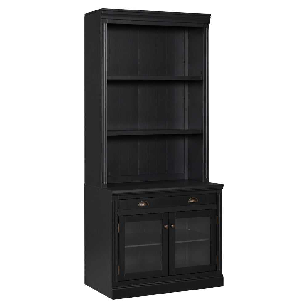 English Elm 83.4"Tall Modern Bookcase With Glass Doors & Drawer - Stylish Storage For Living Room & Office Decor N751S323419B