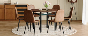 English Elm Table and Chair Set Round 42 Inch Wood Grain Dining with Tempered Glass and 6 Seats W1151S04478