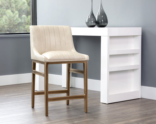 Sunpan Halden Urban Bar Stool with Bold Channel Tufting and Rustic Bronze Steel Frame for Stylish Spaces Bravo Cream