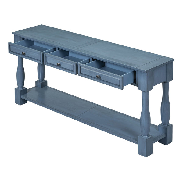 English Elm Trexm Distressed Entryway Console Table Three Drawers Open Shelf Mediterranean Wood Navy N715P372052M
