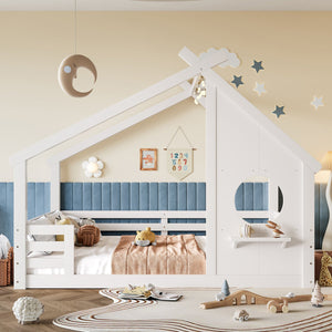 English Elm Twin House Bed Low Profile Pine Wood Frame with Shelf Montessori Kids Floor Sleeping Light White W5305P429644