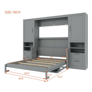 English Elm Queen Murphy Fold Down Wall Bed with Wardrobe Drawers and Shelves for Guest Rooms Gray LP000909AAE-2
