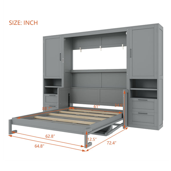 English Elm Queen Murphy Fold Down Wall Bed with Wardrobe Drawers and Shelves for Guest Rooms Gray LP000909AAE-2