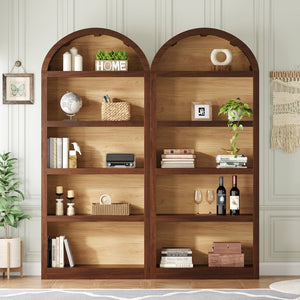 English Elm On-trend Farmhouse Two-tone Bookcase Set Arched Fabric Crown Open 5-tier Shelving Walnut N721P411205P