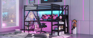 English Elm Metal Full Loft Bed with L Shaped Desk Wardrobe Rgb Lighting and Usb Charging Black W2593S00053