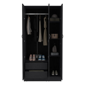 English Elm Ohio Armoire Wardrobe with 3 Doors, 2 Drawers & 4-Tier Shelves — Spacious Storage, Sturdy Handles, Organized Style Black 74 L x 23 W x 2 H B070S00207