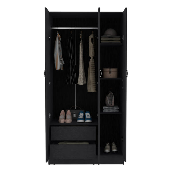 English Elm Ohio Armoire Wardrobe with 3 Doors, 2 Drawers & 4-Tier Shelves — Spacious Storage, Sturdy Handles, Organized Style Black 74 L x 23 W x 2 H B070S00207