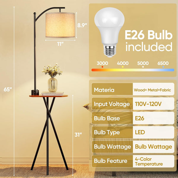 English Elm Floor Lamp with Built-in Side Table Usb Charging Remote Dimming for Living Room Black W3355P440804
