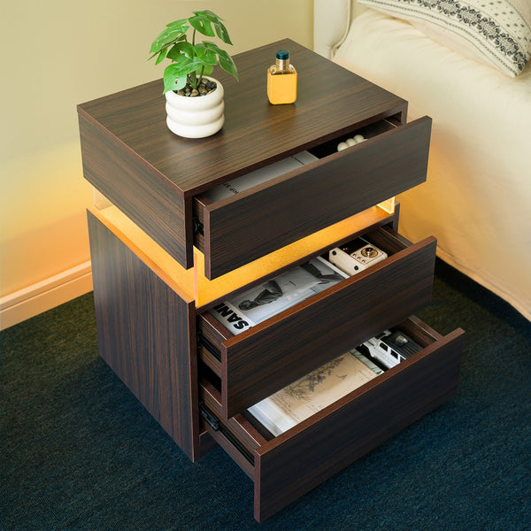 English Elm Led Nightstand with Rgb Acrylic Glow Panel Three Drawers Walnut Bedroom Table W2178P412301