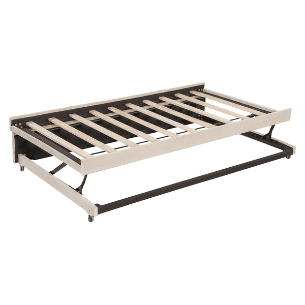 English Elm Full L-Shaped Upholstered Daybed with Twin Pop-Up Trundle, Vertical Stripe Design, Cozy Lounge Style (98) Beige SF000191AAA