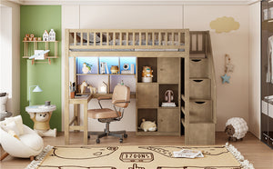 English Elm Wood Twin Loft Bed with Built-In L-Desk, LED Lighting, Staircase Storage, Shelves & Cabinets Walnut N7090000470D