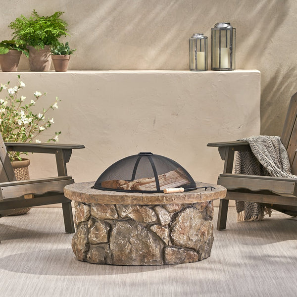 English Elm 34" Outdoor Concrete Wood Burning Fire Pit with Rustic Stone Finish for Patio Gatherings 60655.00