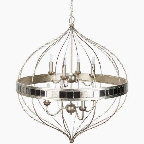 Surya Aerial Elegant 34" Chandelier Lighting - Stunning Metal & Mirror Design For Luxurious Ambiance Fixture, Metallic ,Silver,Base, Metallic ,Silver,Cord, Translucent Iron,Mirror Aei-001