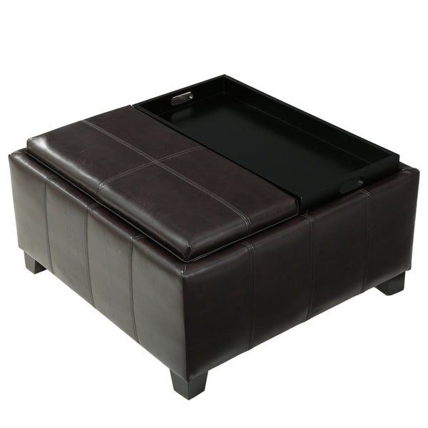 English Elm Christopher Knight Home® - MANSFIELD Ottoman with Storage & Dual Tray Tops, Double-Stitched Faux Leather, Contemporary Brown Upholstery 57736.00