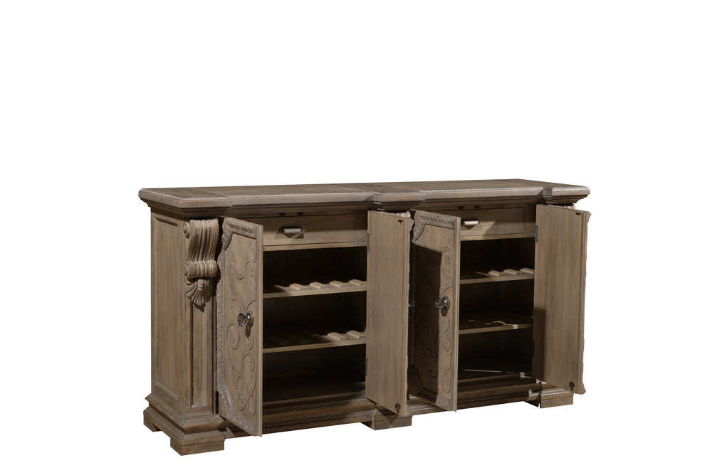 A.R.T. Furniture Arch Salvage Wren Buffet - Elegant New Traditional Design With Wine Storage, Adjustable Shelves & Drawers Brown, Brown Elm And Parrawood Solids,Cathedral Elm Veneers,Metal,Acrylic 233251-2802