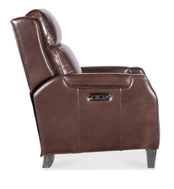 Hooker Furniture Nelson Dark Roast Leather Power Recliner W/Usb, Power Headrest, Bustle Back & Tapered Wood Legs RC818-PH-089