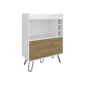 English Elm Tori 42" Tall One-Door Bar Cabinet with 3 Cubbies, 3 Shelves, Prep Surface & Rail, White Oak Chic B200P286936