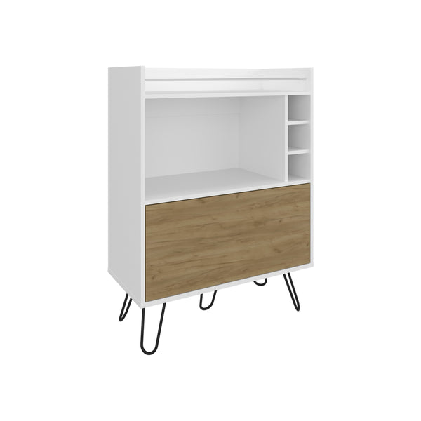 English Elm Tori 42" Tall One-Door Bar Cabinet with 3 Cubbies, 3 Shelves, Prep Surface & Rail, White Oak Chic B200P286936
