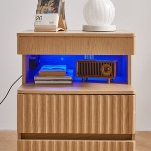 English Elm Modern Oak Nightstand with Charging Station Hidden Compartment and Open Storage Shelf W5368P460458
