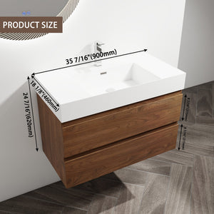 English Elm 36" Wood Grain Bathroom Vanity with Thick Resin Sink, 2 Soft-Close Drawers, KD Eco Plywood Finish W999S00201
