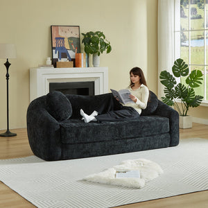 English Elm 86-inch Curved Chenille Convertible Sofa Recliner Frameless Folding Two-seater for Living Room Black W3505P452820