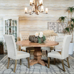 English Elm Crux Rustic Honey 5-piece Round Dining Set with Pedestal Table & Oatmeal Tufted Chairs for Cozy Elegance B062S00857