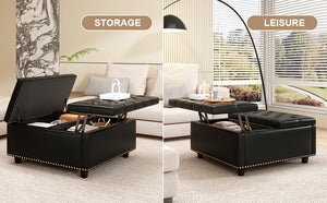 English Elm Large Tufted Pu Leather Ottoman with Bronze Rivets Mid-century Storage Footrest W2113P182630