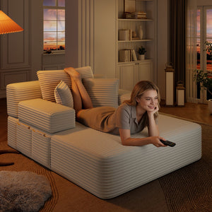 English Elm Luxurious Corduroy Convertible Chaise Lounge Sofa Bed with Foam Support for Apartments Beige W3219P449012