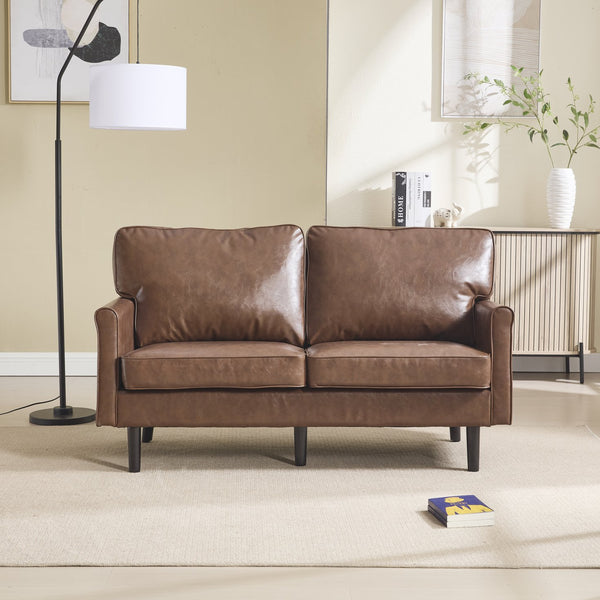 English Elm Loveseat Modern Mid-Century 2-Seater with USB Type-C Charging, Removable Zippered Covers, Sturdy Wood Legs Brown PU W395P238821