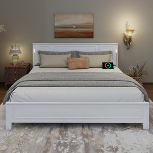 English Elm King Pine Wood Platform Bed with Led Lighting Usb Charging Tall Panel Headboard White W504S00274