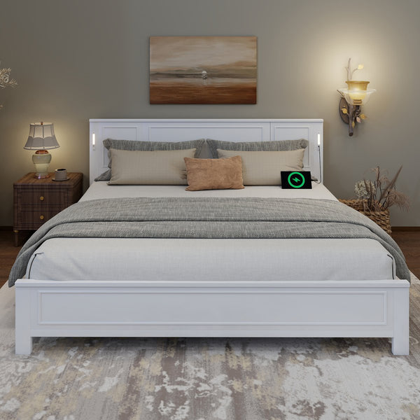 English Elm King Pine Wood Platform Bed with Led Lighting Usb Charging Tall Panel Headboard White W504S00274
