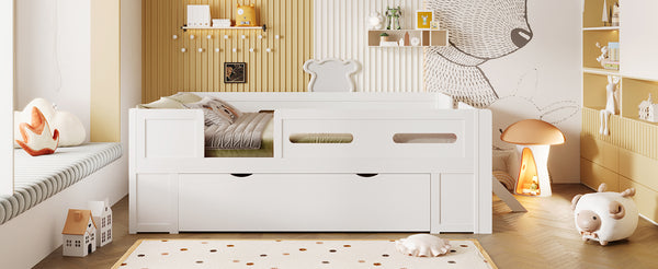 English Elm Wood Twin Platform Bed for Kids with Fence Guardrail and Under Storage Drawer White N709P385777K