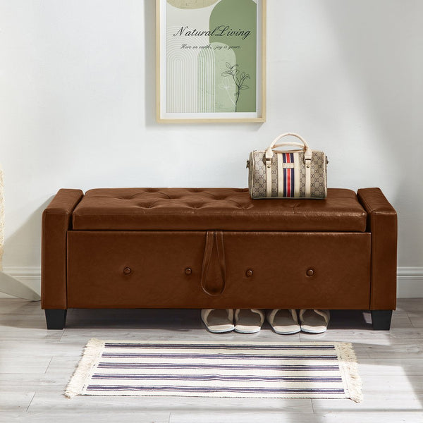 English Elm 48" Storage Ottoman Bench with Tufted Faux Leather Upholstery, Solid Wood Frame & 300lb Capacity Brown W1097P338778