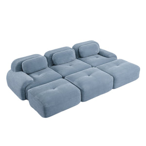 English Elm Three-seat Modular Corduroy Sectional Sofa with Ottomans for Living and Media Rooms Blue W714S01251