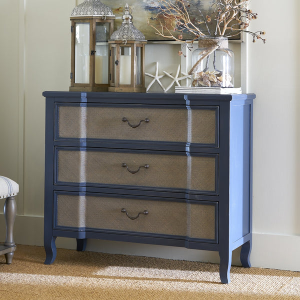 English Elm Laurel Grove French Country Three Drawer Chest in Ocean Blue Fully Assembled B108P481208