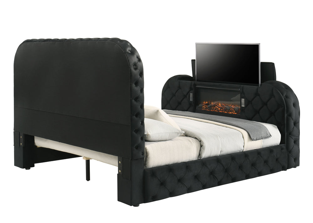 English Elm Black Velvet Tufted Queen Bed with Led Lighting Fireplace and Motorized Tv Lift B2756S00009