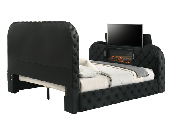 English Elm Black Velvet Tufted Queen Bed with Led Lighting Fireplace and Motorized Tv Lift B2756S00009