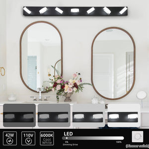 English Elm 52" Modern 7-Light Led Vanity Light Fixture - Sleek Black Iron Design With Dimmable Acrylic Shades W2312P374888