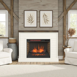 English Elm 48 Inch Fireplace Mantel with Shiplap Panels and Plank Top, Two-Tone Farmhouse Charm, Electric Heat White B108131558