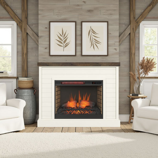 English Elm 48 Inch Fireplace Mantel with Shiplap Panels and Plank Top, Two-Tone Farmhouse Charm, Electric Heat White B108131558
