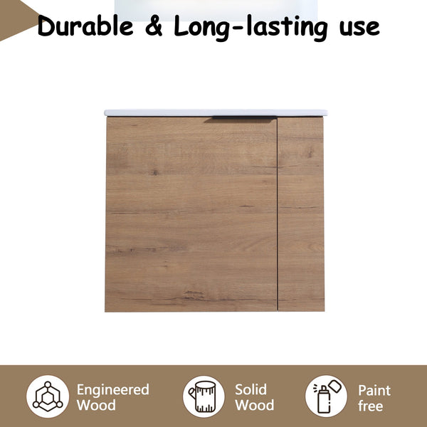 English Elm Bathroom Vanity Ceramic Sink 22" Floating Wall-Mount Vanity with Matte Black Handle and Soft Close Door Imitative Oak W99968770