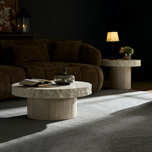 English Elm 31.69 Inch Round Fiberglass Coffee Table Sculptural Stone Finish for Modern Living Room W876P450501