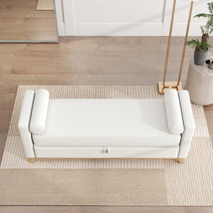 English Elm 66 Inch Sherpa Upholstered Storage Bench with Fluted Wood Base and Bolster Pillows Beige+Natural W1658P446112