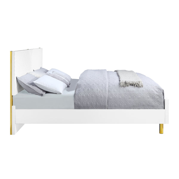 English Elm Gaines High Gloss Finish EK Bed Frame with Wave Pattern Design, 39 Slats, 660lb Capacity, KD Structure White 86 L x 19 W x 7 H B2726S00418